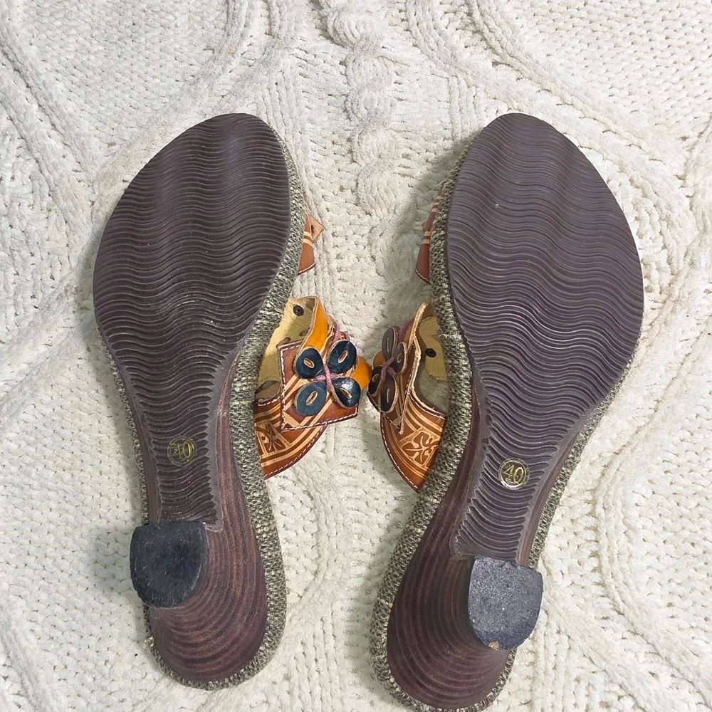 Spring‎ Step Wedge Slide Sandals Brown Leather Flowers Floral Boho Womens 40 9